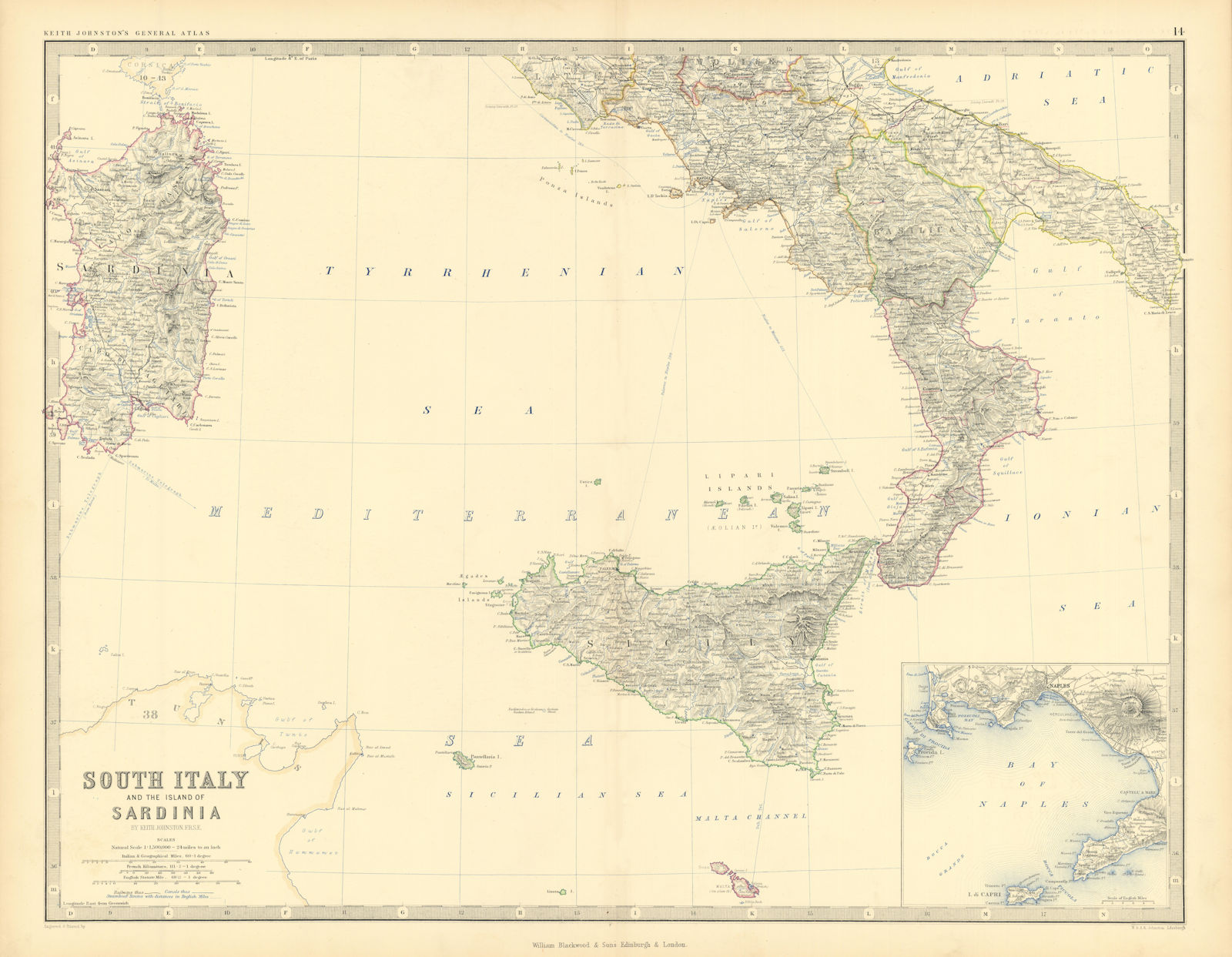 South Italy and Sardinia. Bay of Naples. Large 50x60cm. JOHNSTON 1876 old map