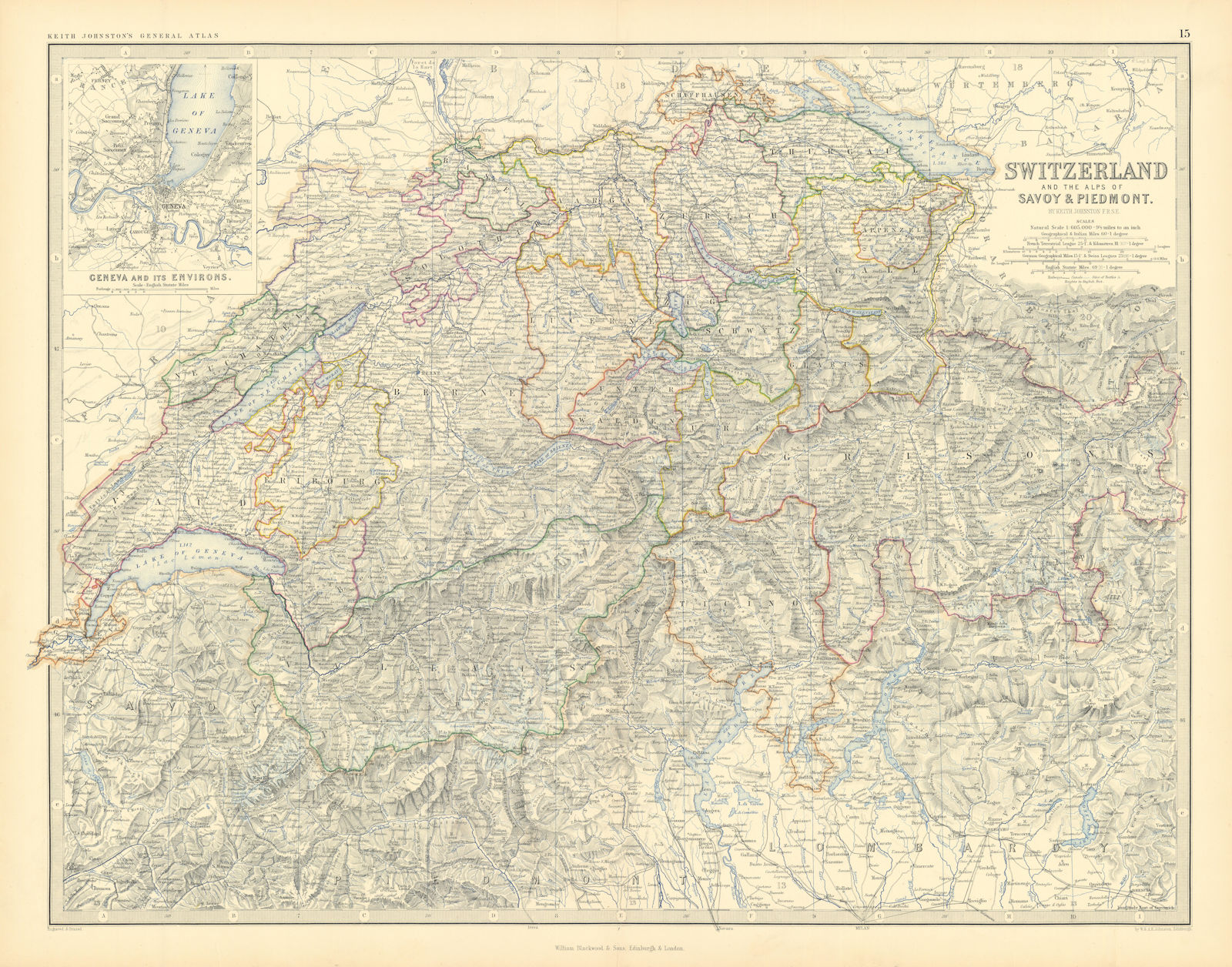 Switzerland. Savoie & Piedmont Alps. Italian Lakes. 50x60cm. JOHNSTON 1876 map