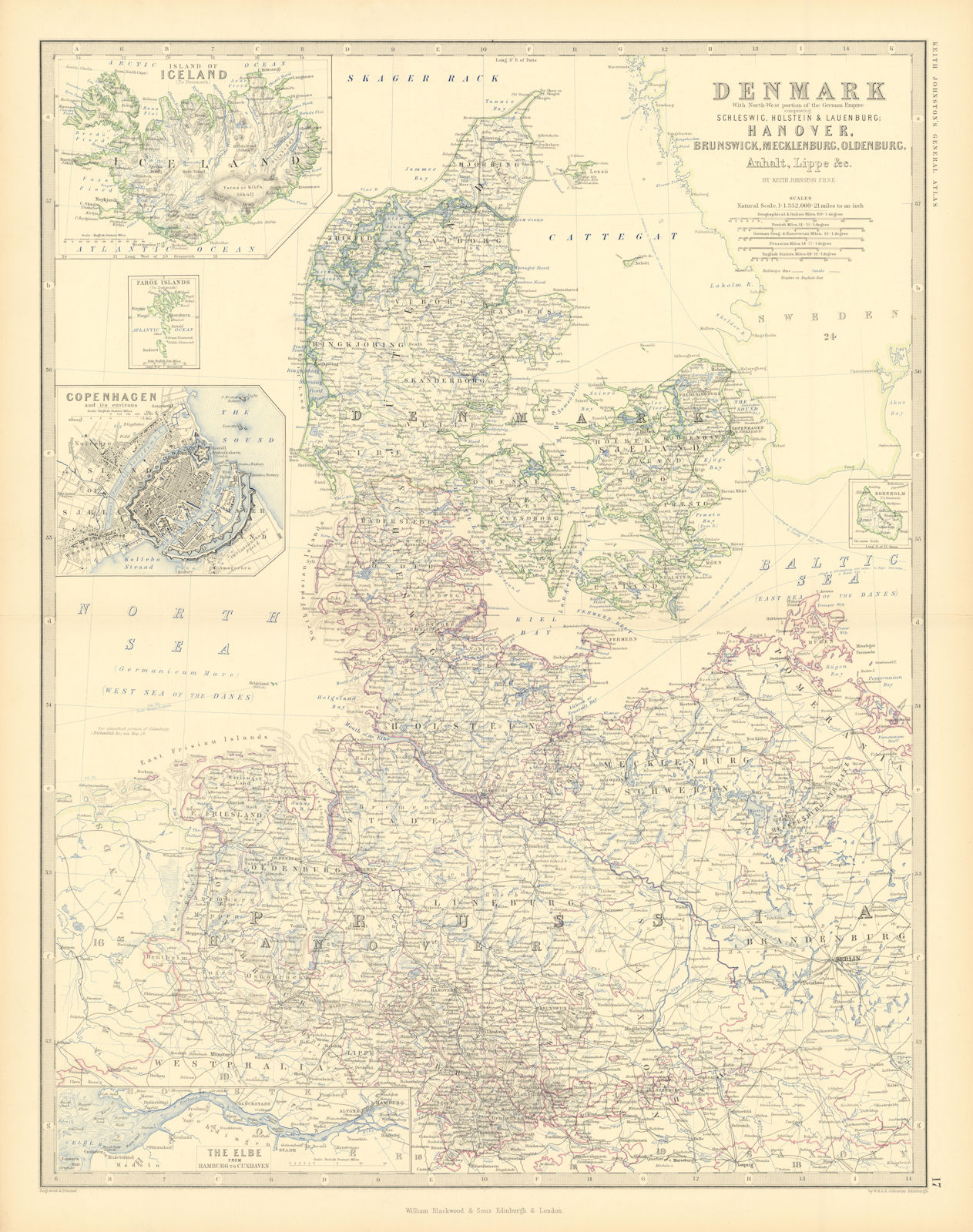 Denmark northern Germany Iceland Copenhagen The Elbe. 50x60cm. JOHNSTON 1876 map