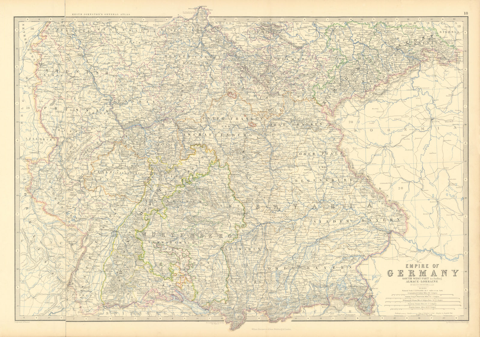 Associate Product Empire of Germany (South). Bavaria &c. 50x60cm. JOHNSTON 1876 old antique map