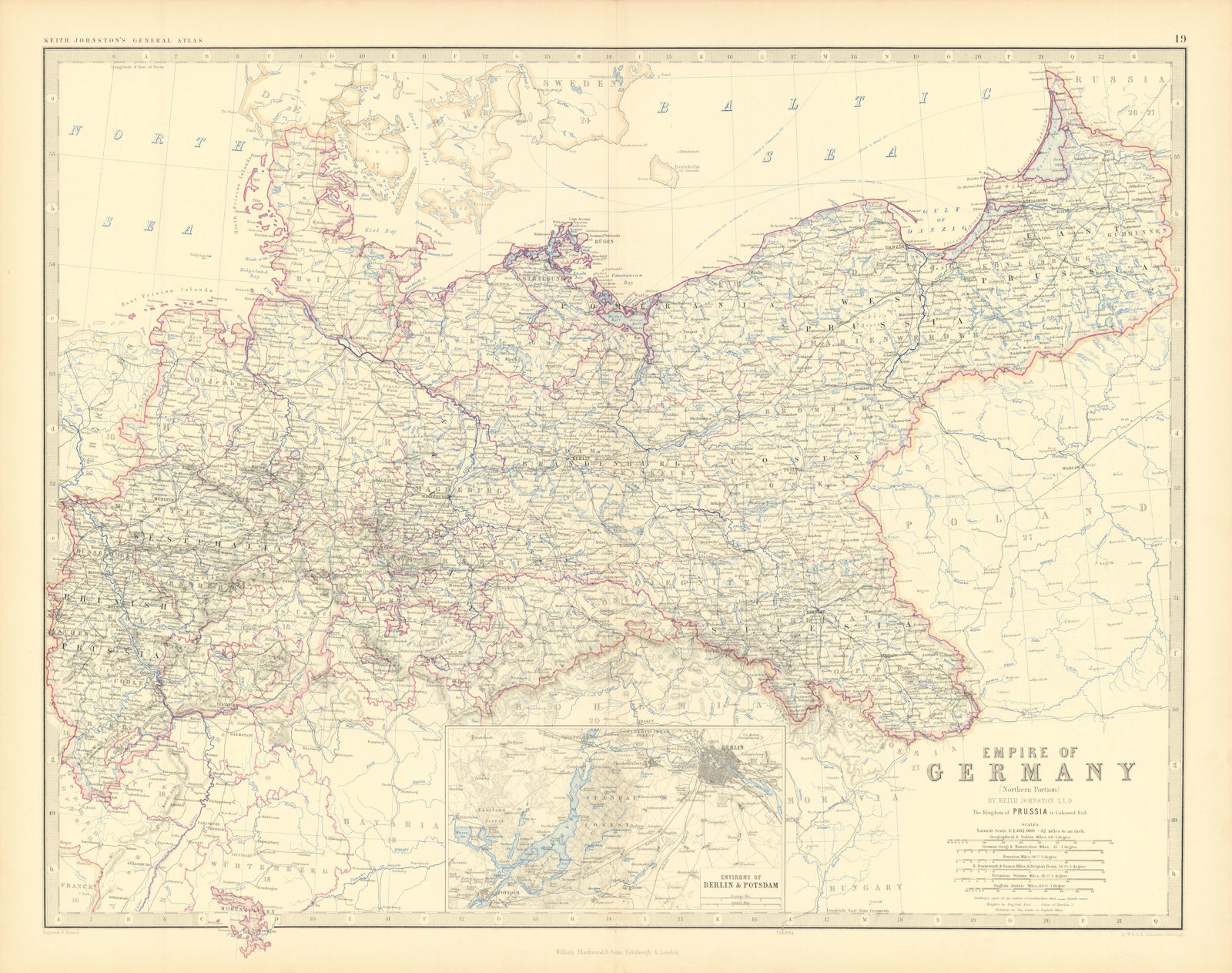 Associate Product Empire of Germany (North). Berlin environs. Prussia. 50x60cm. JOHNSTON 1876 map