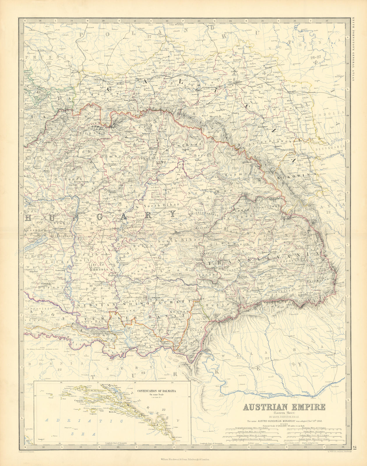 Austro-Hungarian Monarchy (East) Hungary Transylvania 50x60cm. JOHNSTON 1876 map