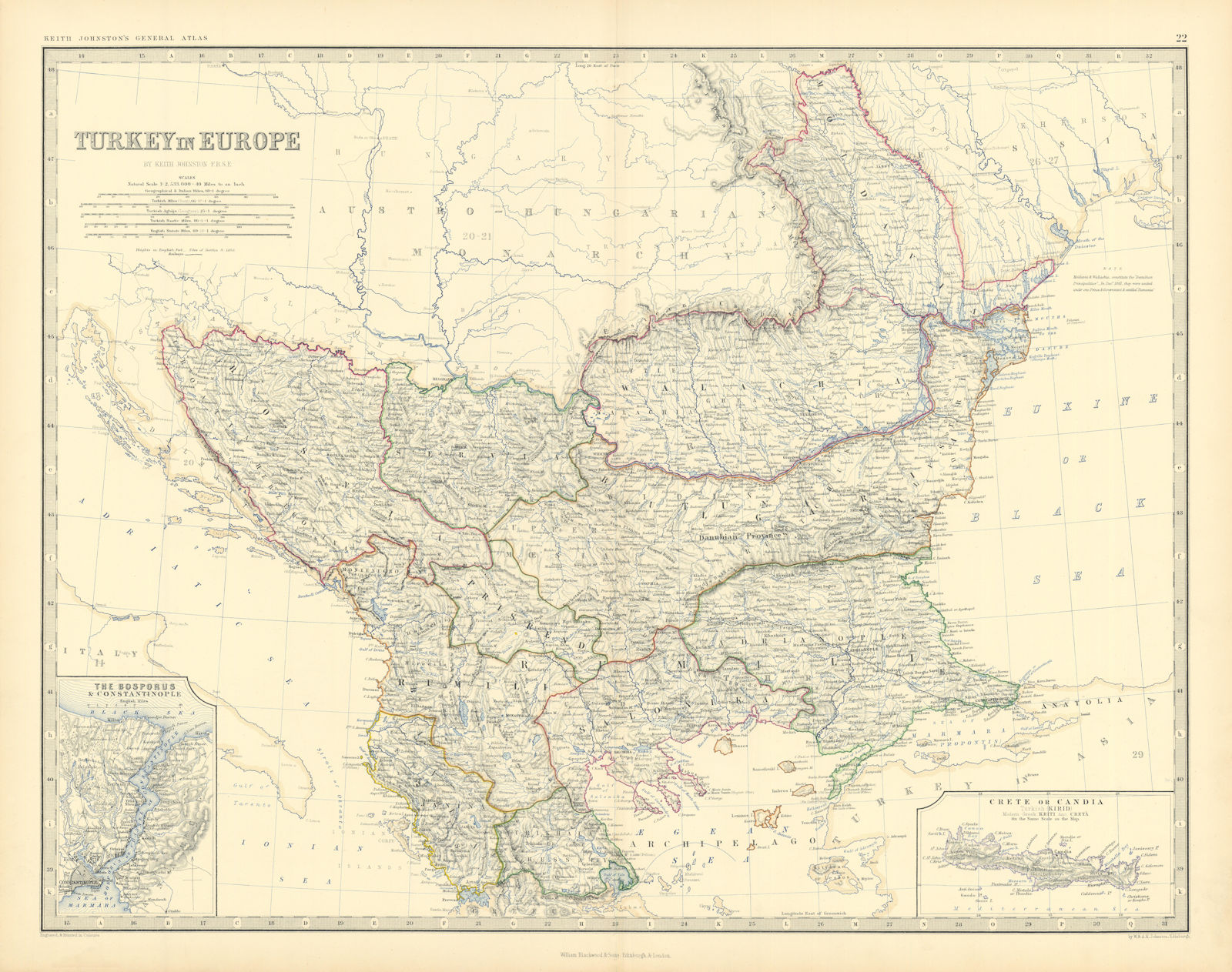 Associate Product Turkey in Europe. Balkans Bosphorus Rumania Rumelia. 50x60cm. JOHNSTON 1876 map