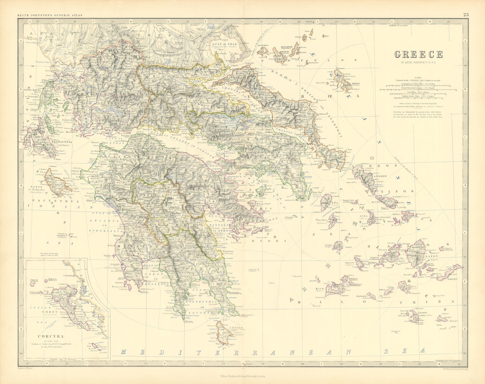 Associate Product Greece Cyclades Saronic Sporades Ionian islands Aegean 50x60cm JOHNSTON 1876 map