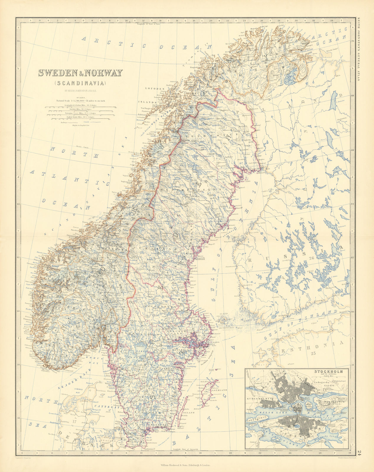 Associate Product Sweden & Norway (Scandinavia). Stockholm. 50x60cm. JOHNSTON 1876 old map