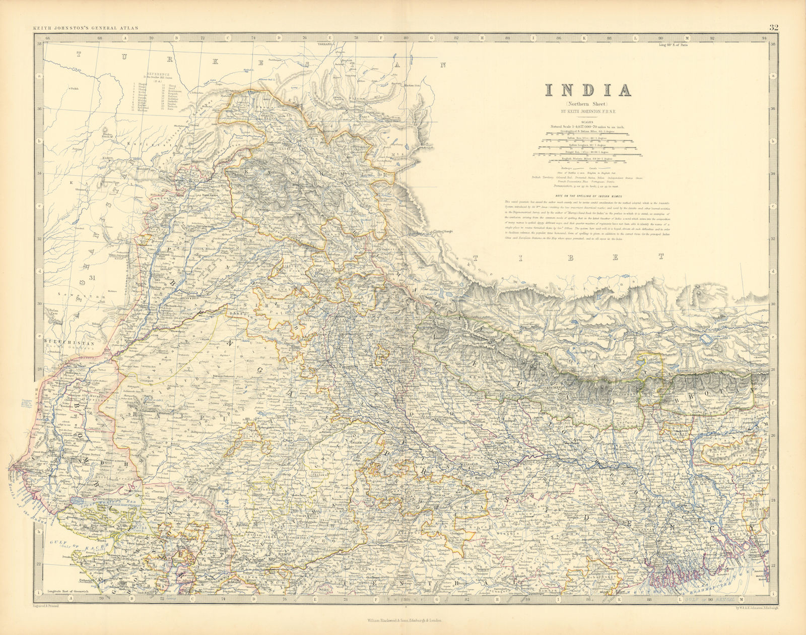 India (North) Nepal Bhutan Himalayas Kashmir Tibet 50x60cm. JOHNSTON 1876 map