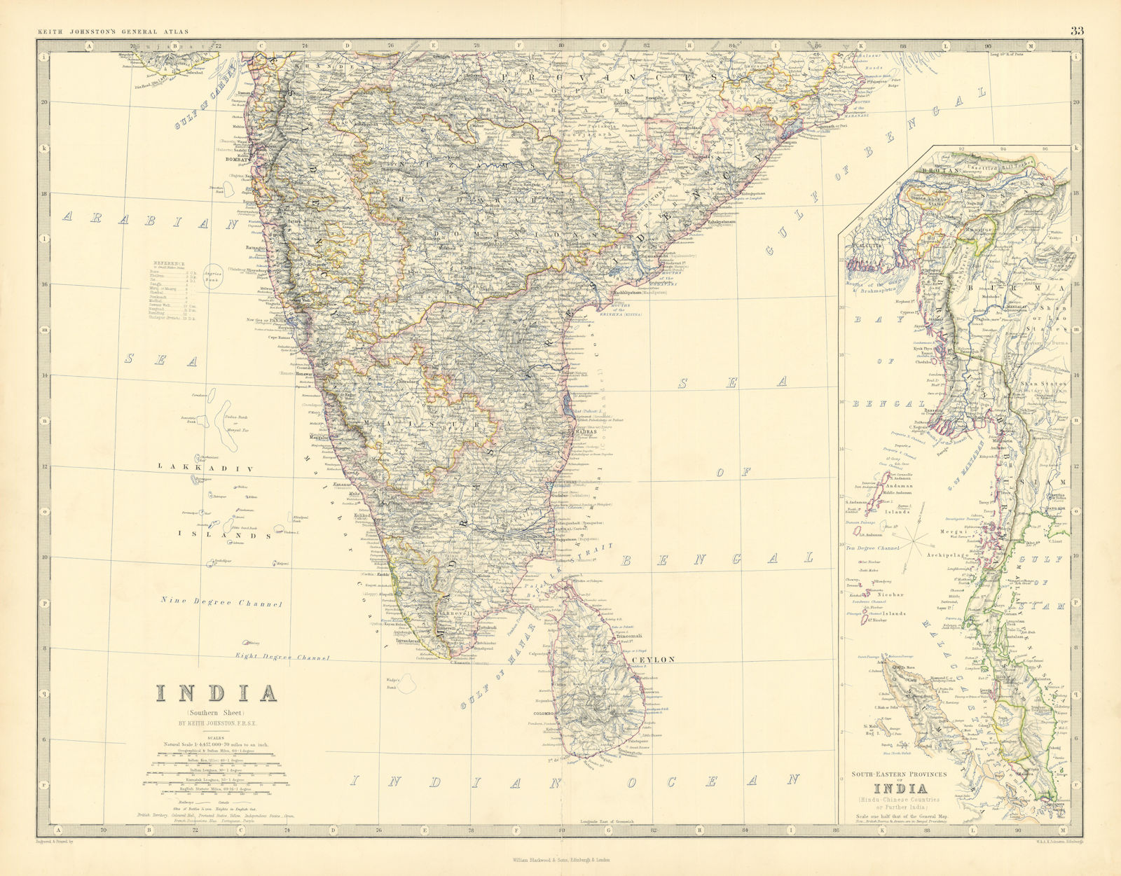 South India Ceylon Burma Straits Settlements Singapore 50x60cm JOHNSTON 1876 map