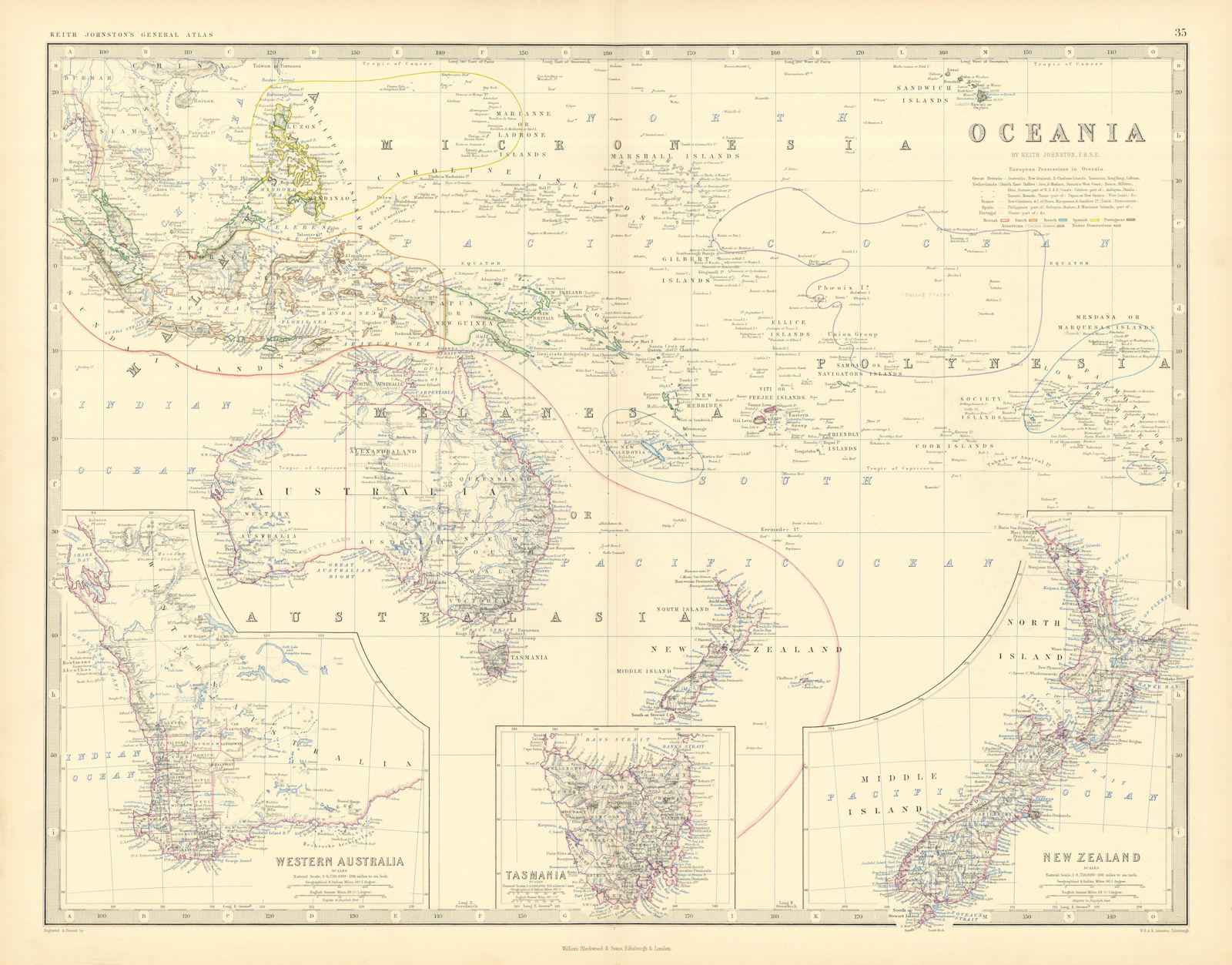 Associate Product Oceania. Western Australia. Tasmania. New Zealand. 50x60cm. JOHNSTON 1876 map