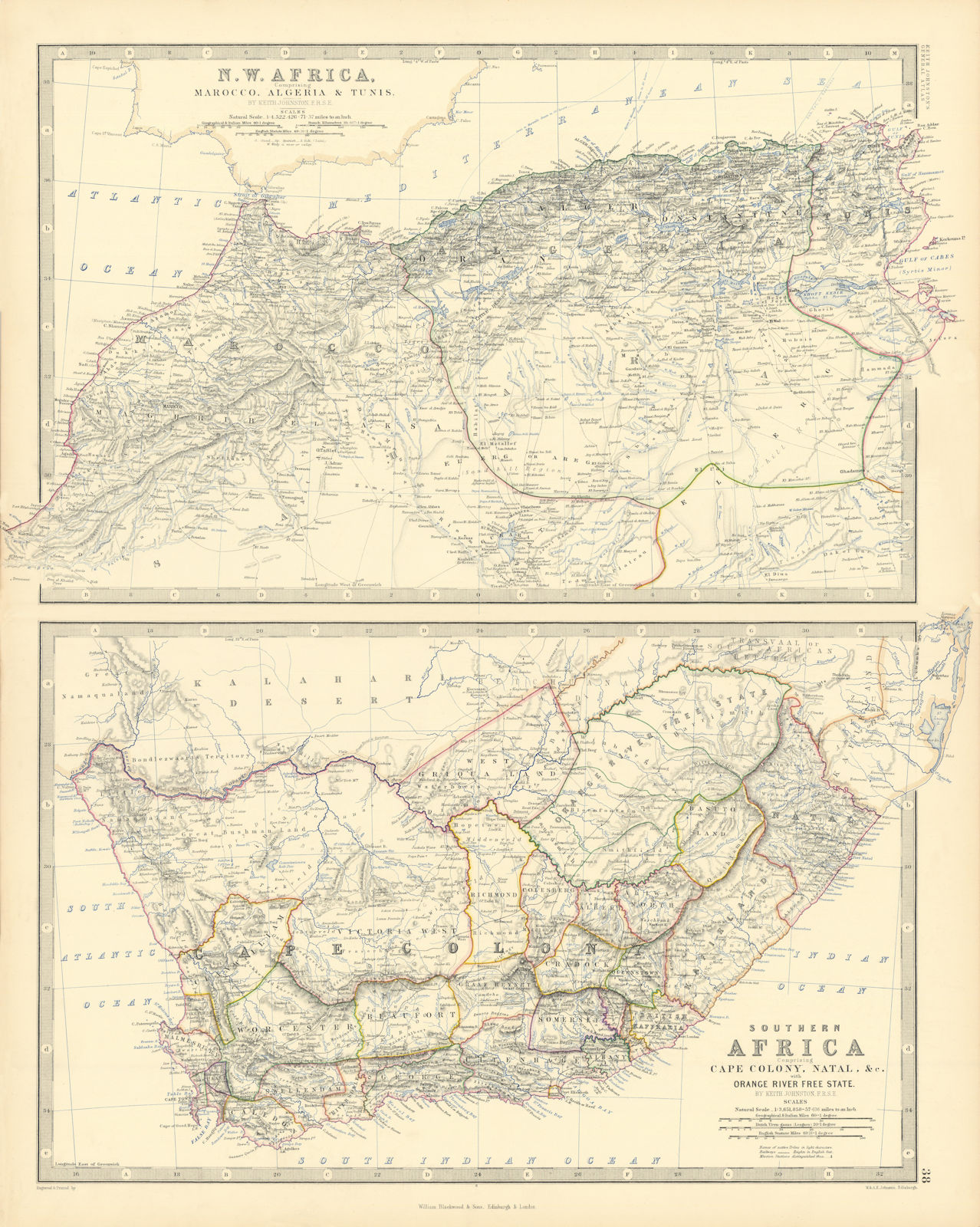 Associate Product NW Africa Morocco Algeria South Africa Cape Colony 50x60cm JOHNSTON 1876 map