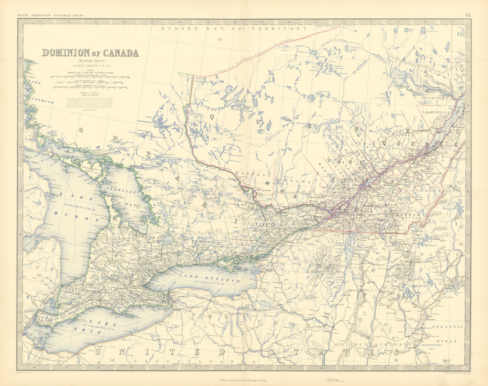 Associate Product Dominion of Canada (West). Ontario Quebec. 50x60cm. JOHNSTON 1876 old map