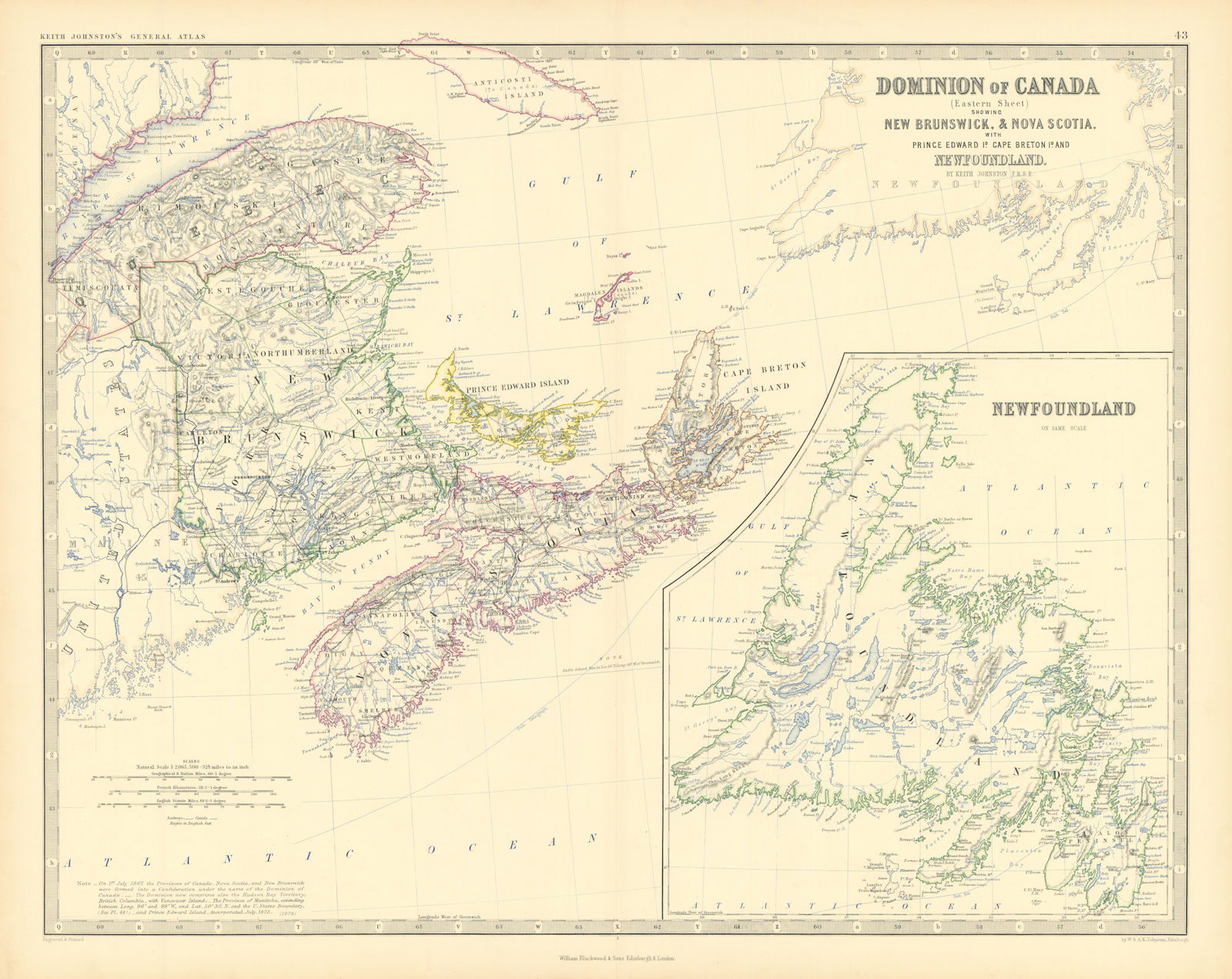 Associate Product Dominion of Canada (East). Maritimes. Newfoundland. 50x60cm. JOHNSTON 1876 map