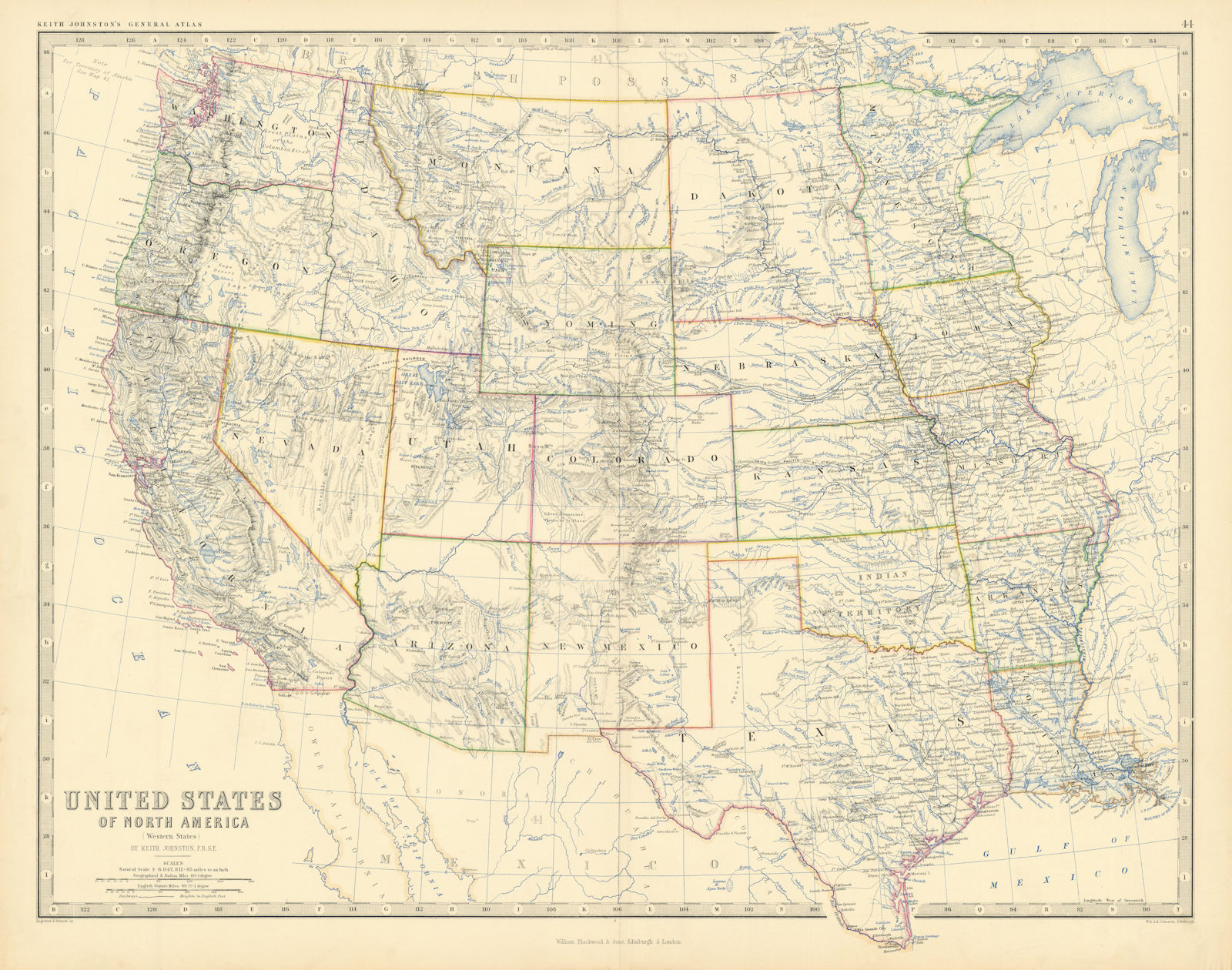 United States of North America (Western States). USA. 50x60cm. JOHNSTON 1876 map