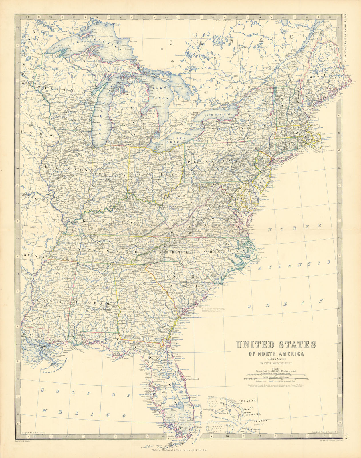 United States of North America (Eastern States). USA. 50x60cm. JOHNSTON 1876 map