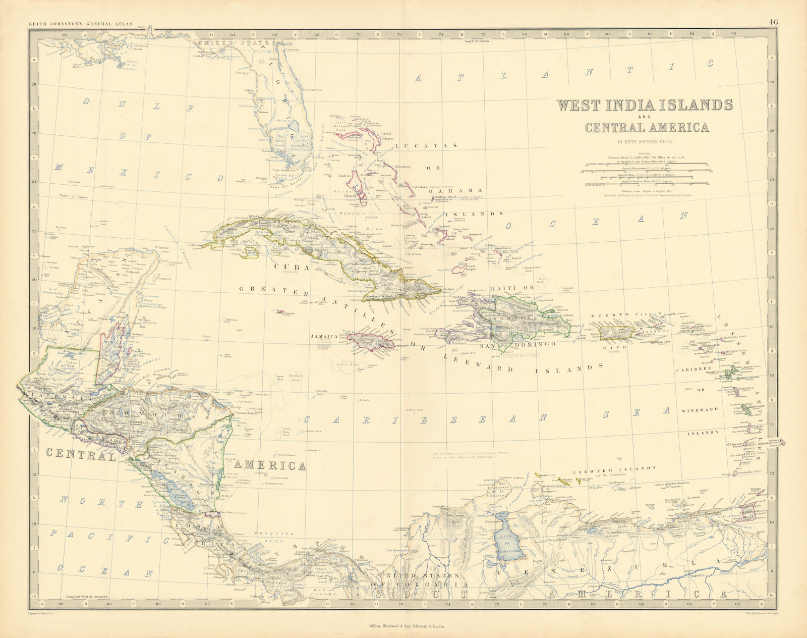 Associate Product West India Islands & Central America. Caribbean. 50x60cm. JOHNSTON 1876 map