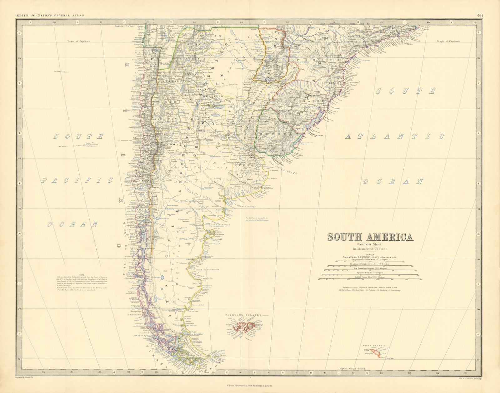 Associate Product South America (South). Argentina Chile Uruguay. 50x60cm. JOHNSTON 1876 old map