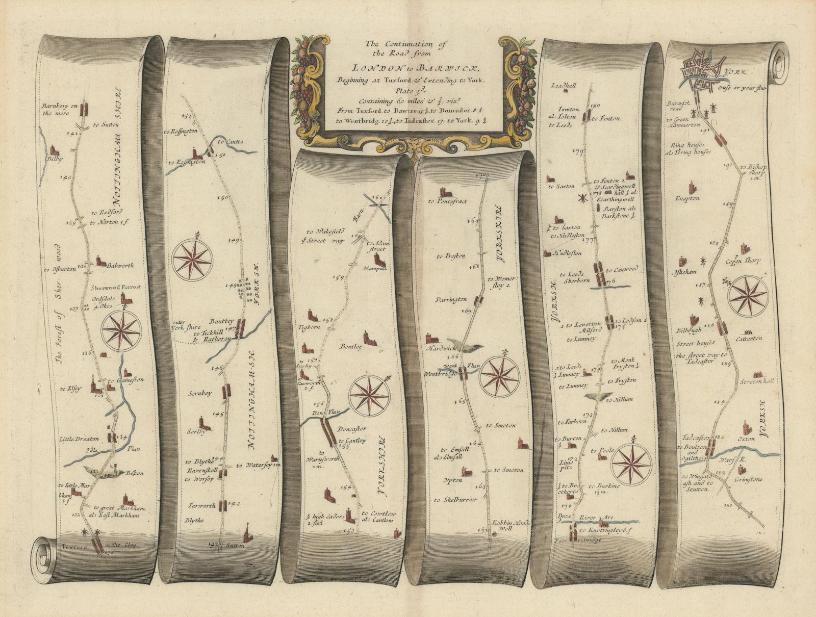 Tuxford - Bawtry - Doncaster - Wentbridge - York. OGILBY road map #7 1675