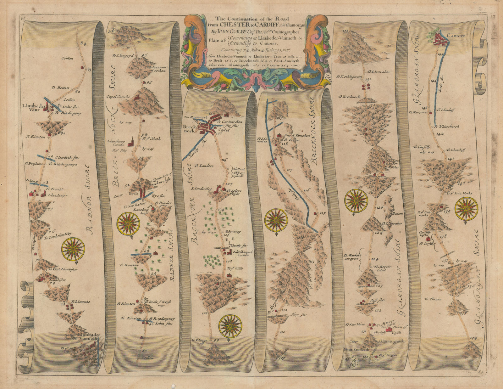 Associate Product Llanbadarn Fynydd - Brecon - Cardiff. OGILBY road map #64 1675 old antique