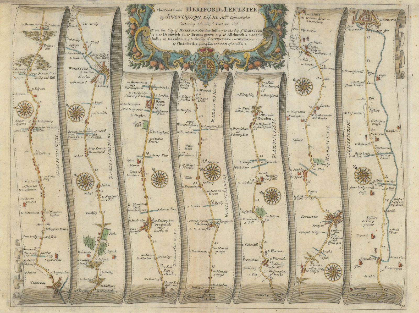 Hereford-Worcester-Solihull-Coventry-Leicester. OGILBY road map #72 1675