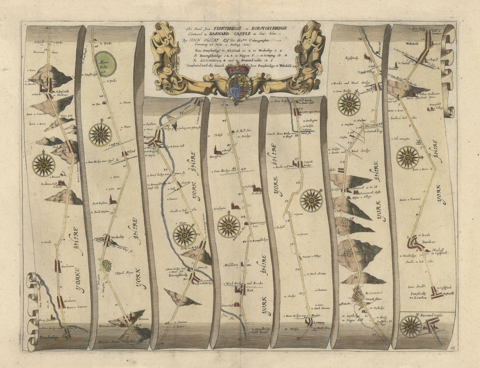 Wakefield - Ripon - Richmond - Barnard Castle. OGILBY road map #95 1675