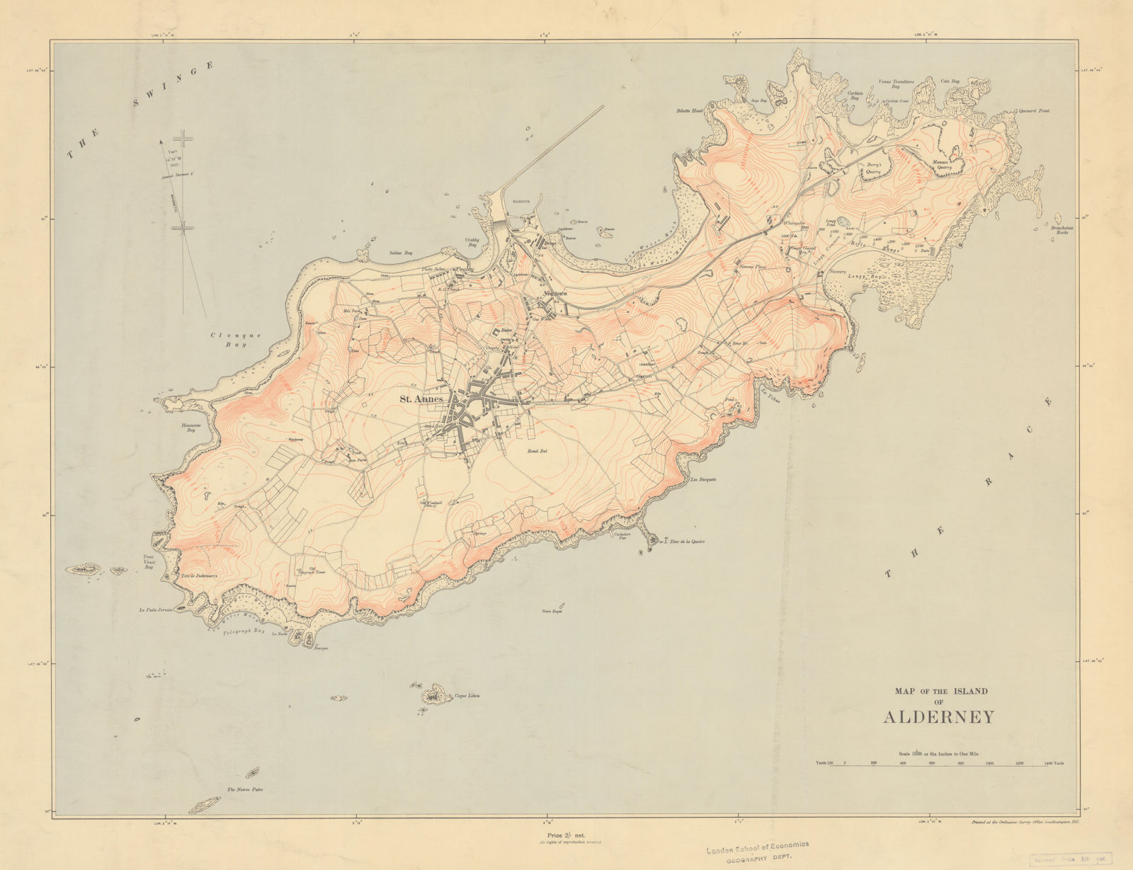 Ordnance Survey map of the Island of Alderney, Channel Islands 61x67cm 1911
