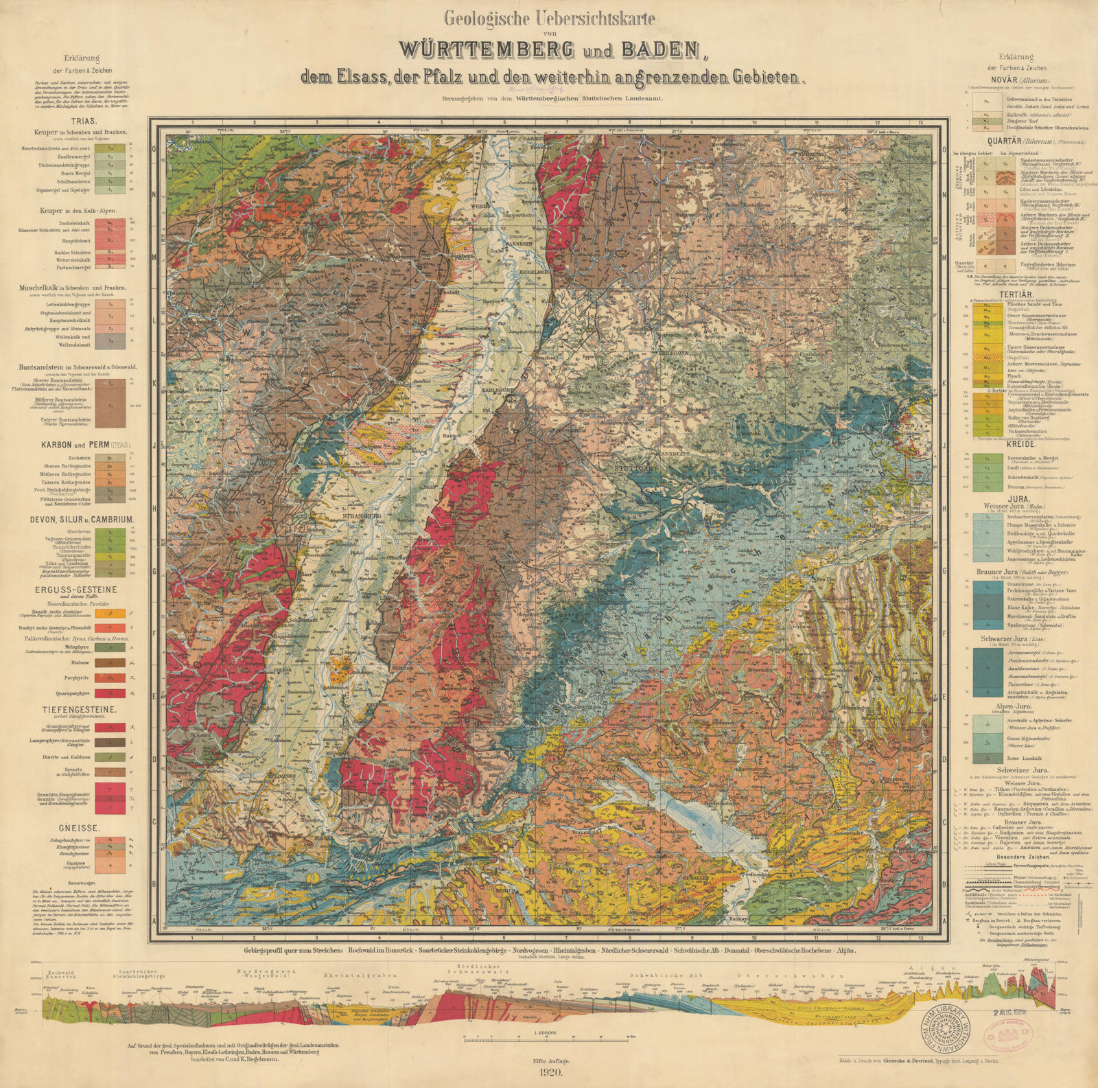 Associate Product Geologische Uebersichtskarte von Württemberg, Baden, Elsass & Pfalz 1920 map