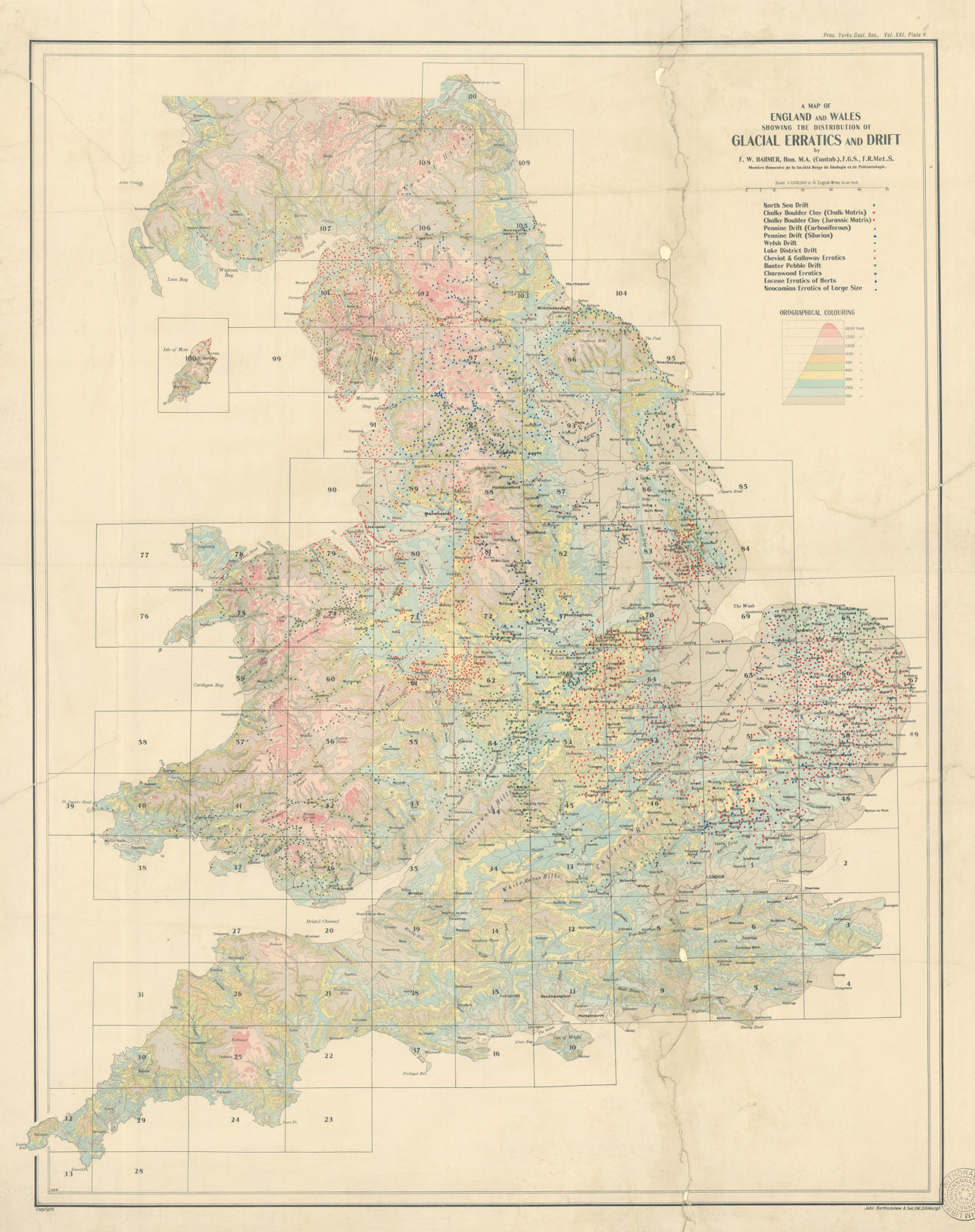 England & Wales distribution of Glacial Erratics & Drift 73x57cm HARMER 1928 map