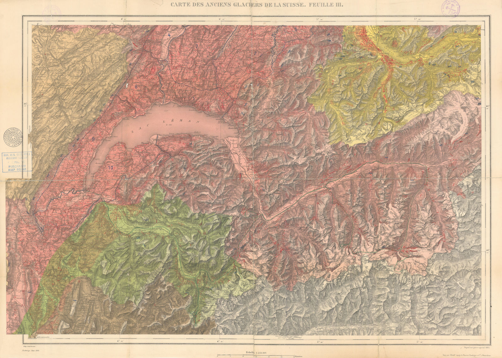 Associate Product Carte des Anciens Glaciers de la Suisse #3 W Switzerland & Haute-Savoie 1883 map