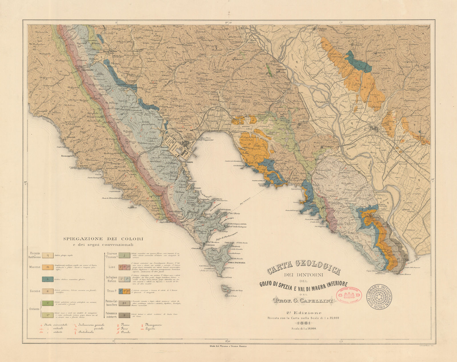 Carta Geologica dei Dintorni del Golfo di Spezia e Val di Magra inf. 1881 map