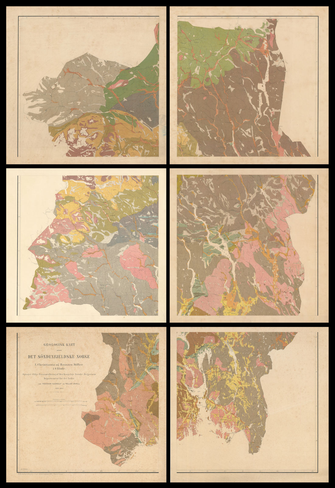 Geologisk Kart over det Söndenfjeldske Norge Christiania og Hamars 1865 map