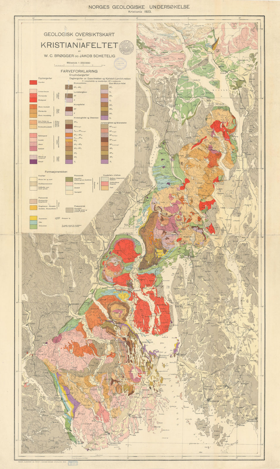 Geologisk Oversiktskart over Kristianiafeltet. Norway geological NGU 1923 map