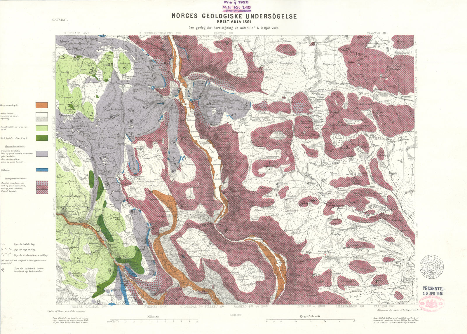 Norges Geologiske Undersogelse. Innlandet Tretten Norway geological NGU 1891 map