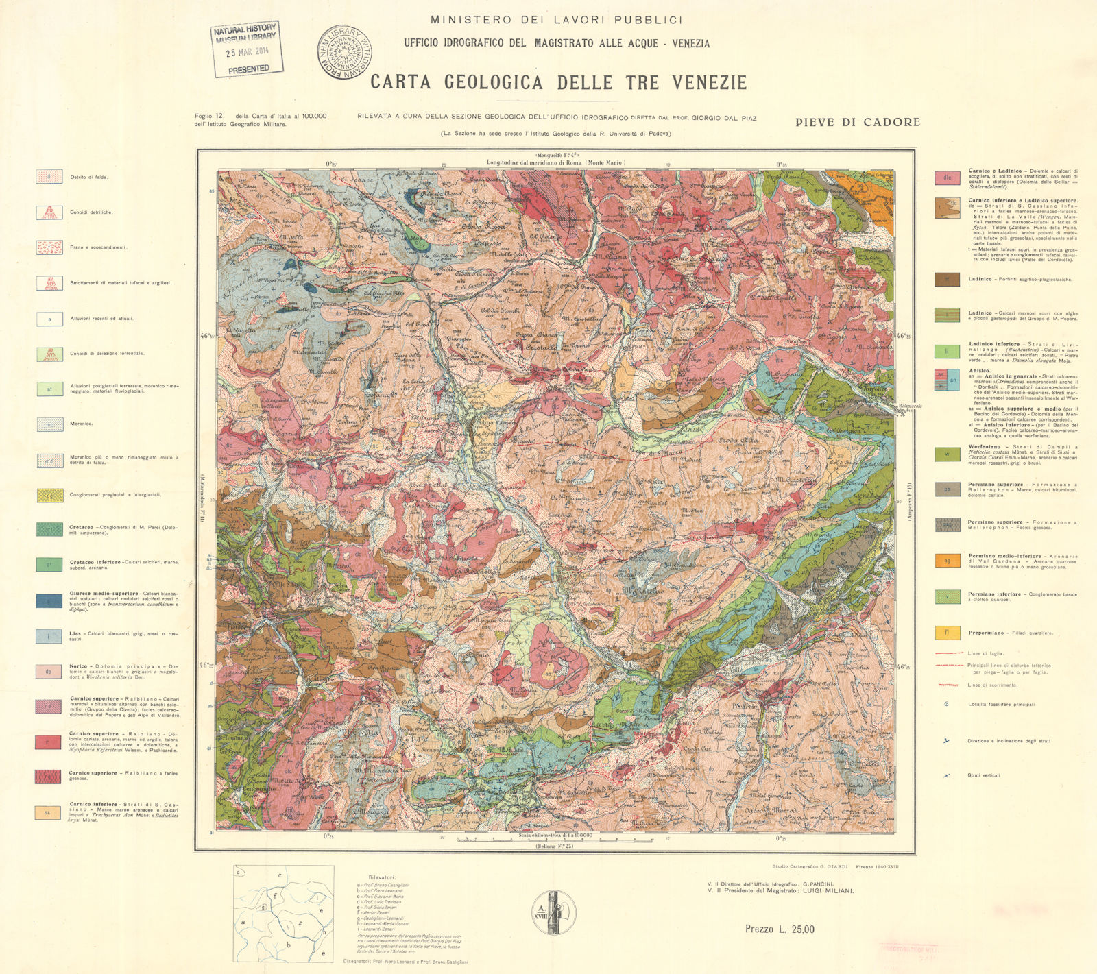 Associate Product Carta geologica delle Tre Venezie #12 Pieve di Cadore Belluno Cortina 1940 map