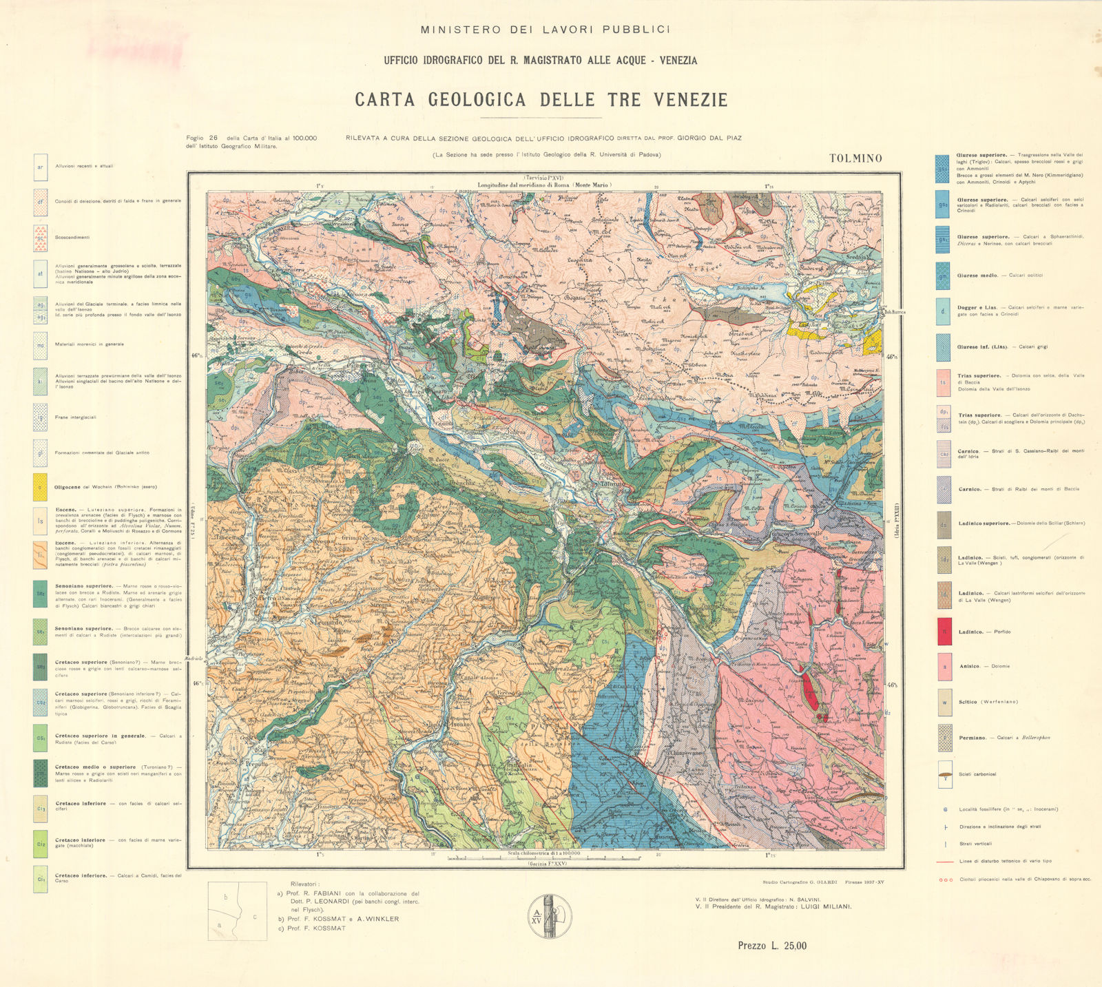 Carta geologica delle Tre Venezie #26 Tolmin. Western Slovenia. Udine 1937 map