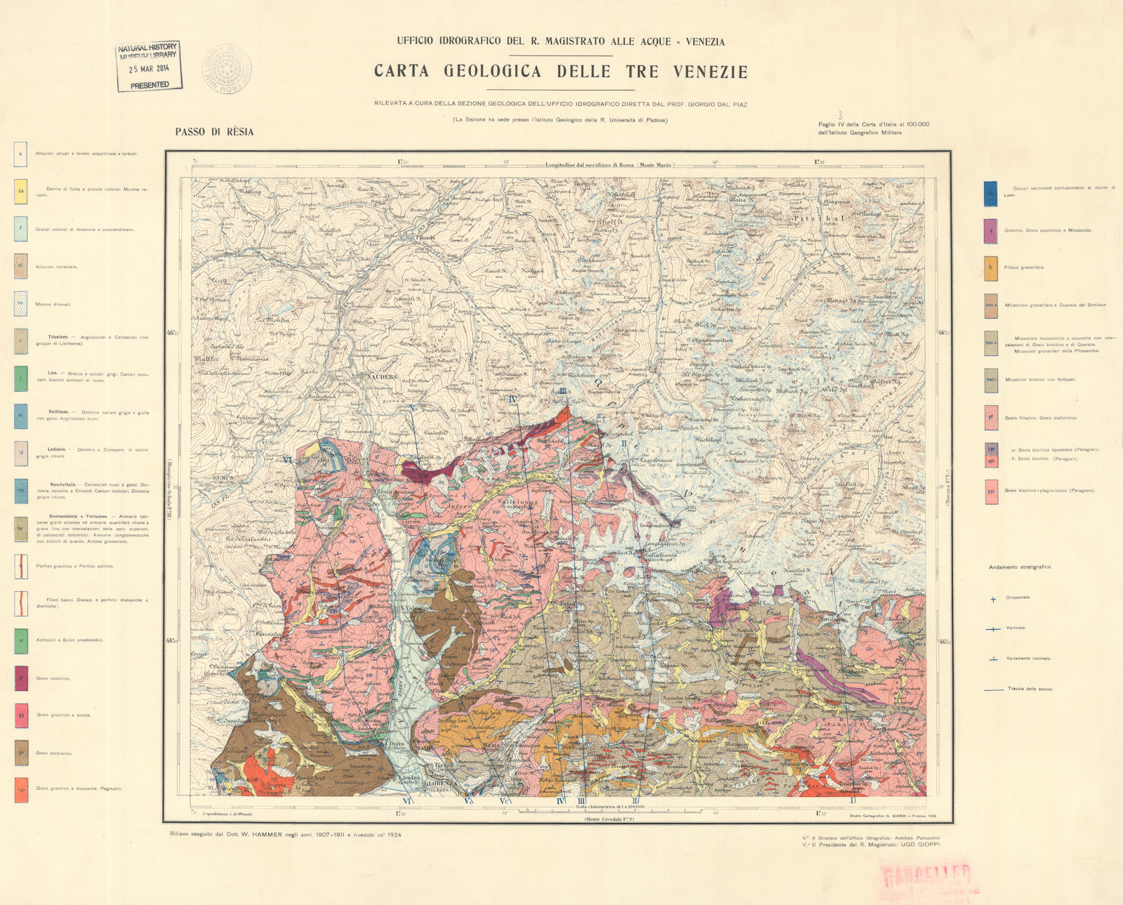 Carta geologica delle Tre Venezie #3 Passo di Rèsia Glurns. NW Bolzano 1925 map