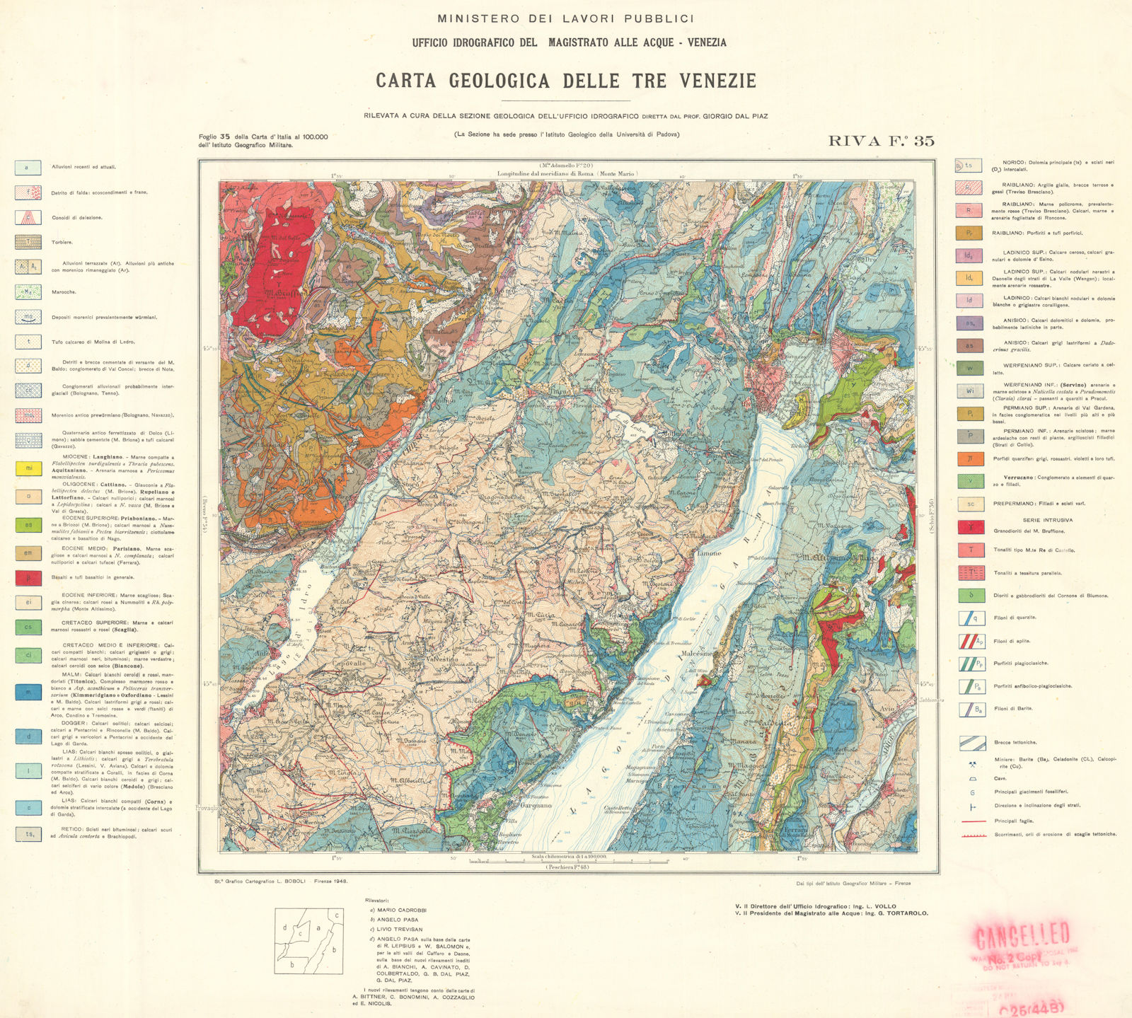 Carta geologica delle Tre Venezie #35 Lago Garda Trento Brescia Verona 1948 map