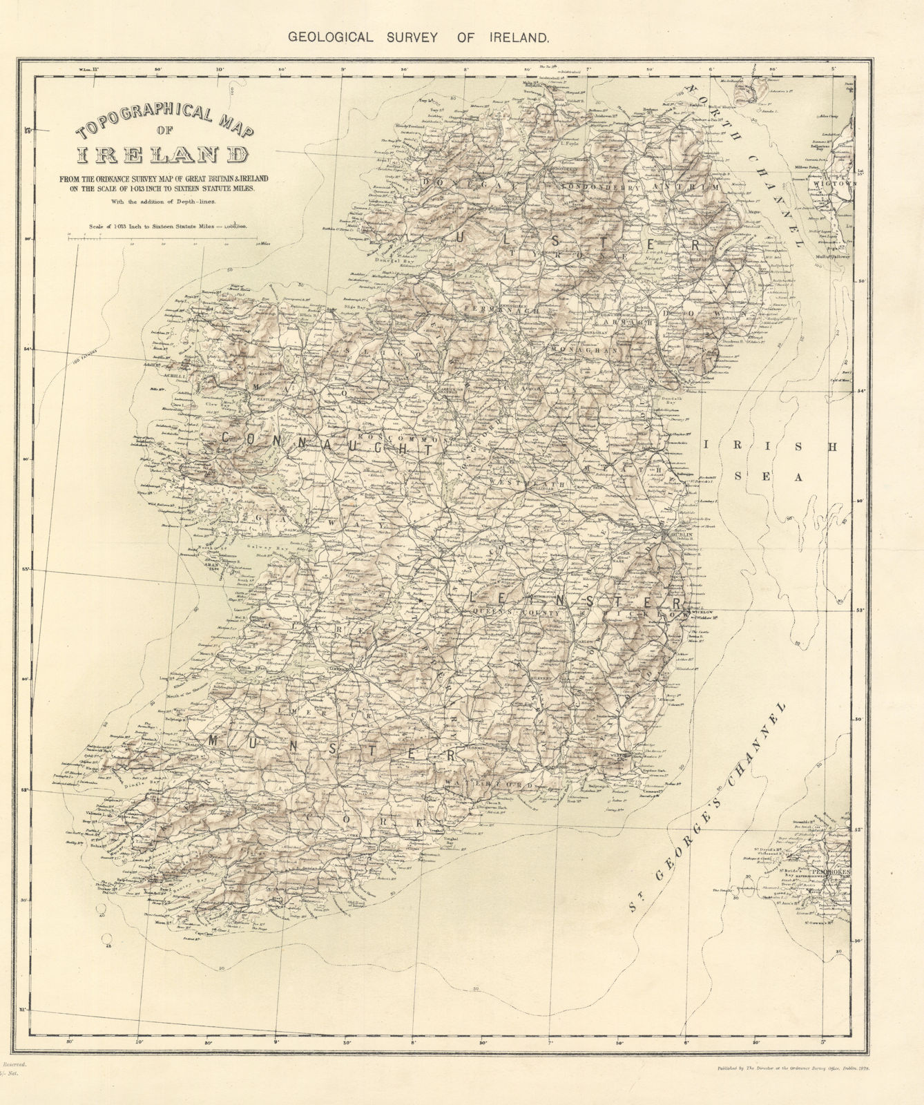 Topographical map of Ireland from the Ordnance Survey Map 56x47cm 1928 old