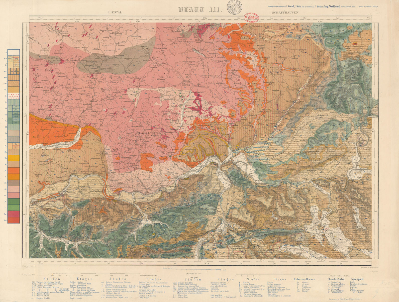 Associate Product Switzerland geological map. Liestal Schaffhausen Aargau Zürich Baden #3 1866