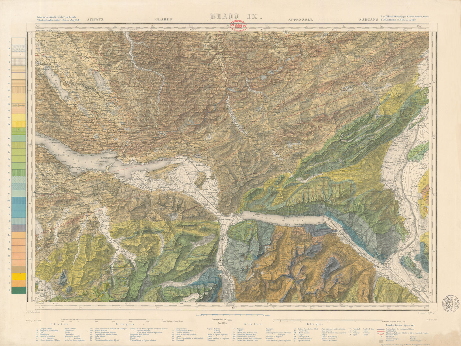 Switzerland geological map. Schwyz Glarus Appenzel St. Gallen Zürich #9 1866