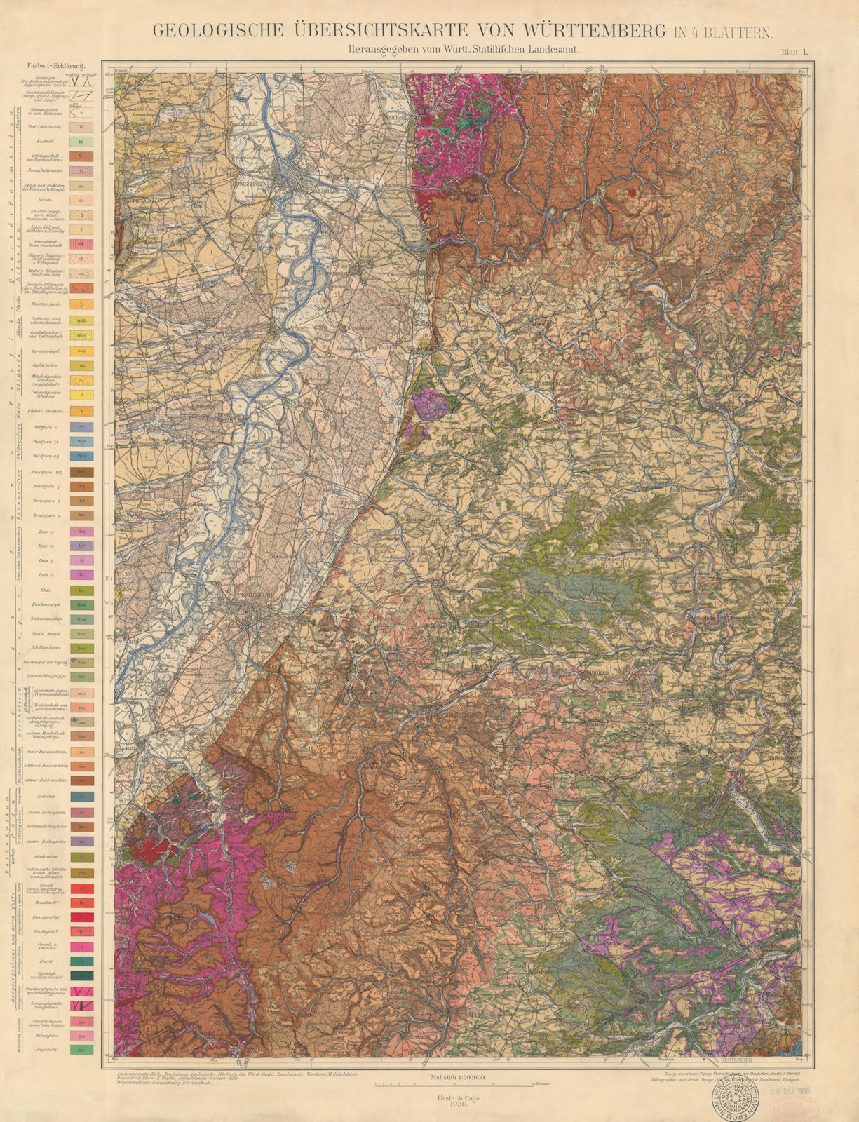 Geologische Übersichtskarte Württemberg #1 North Black Forest Stuttgart 1930 map