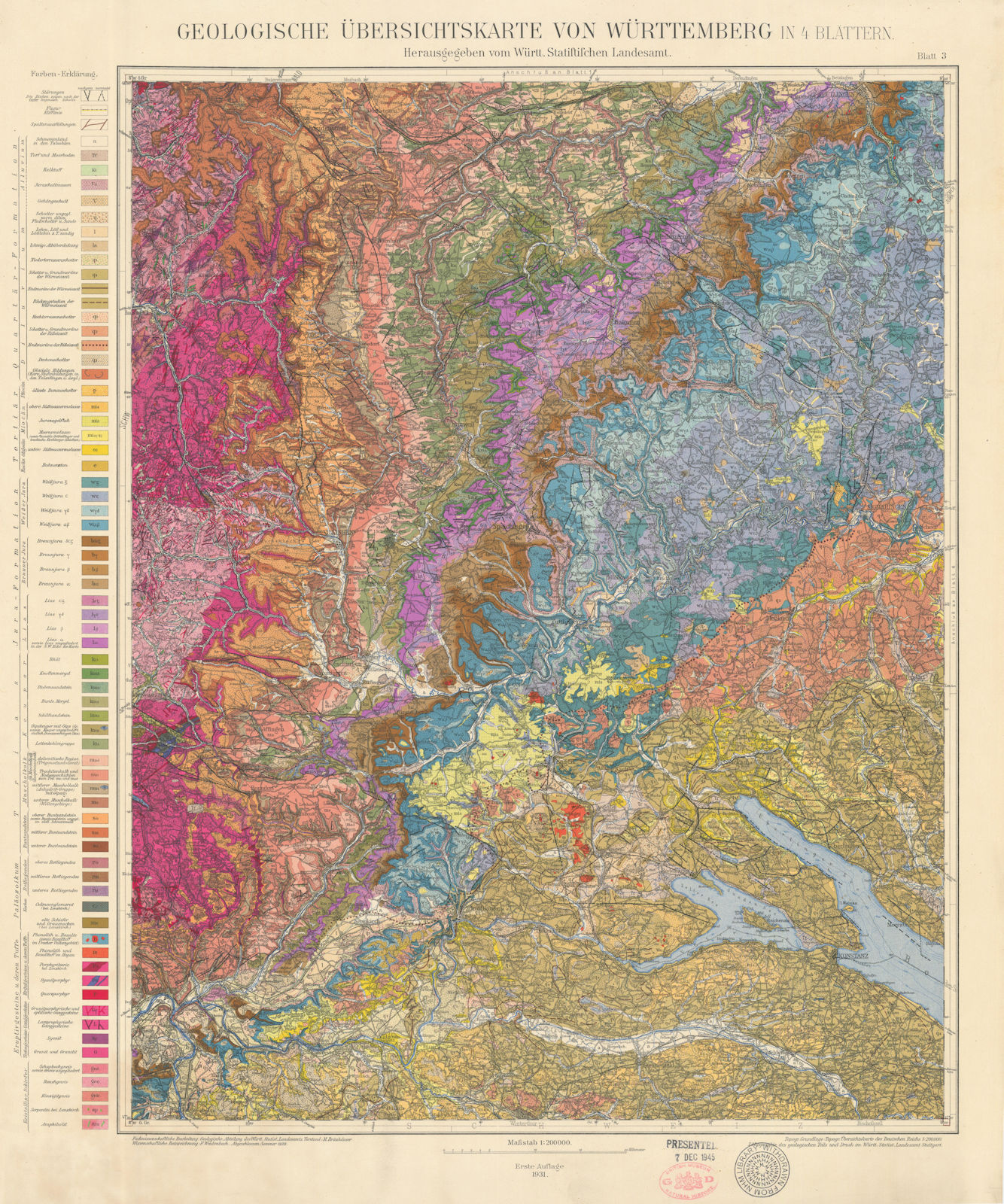 Geologische Übersichtskarte Württemberg #3 Schwäbische Alb Schwarzwald 1931 map