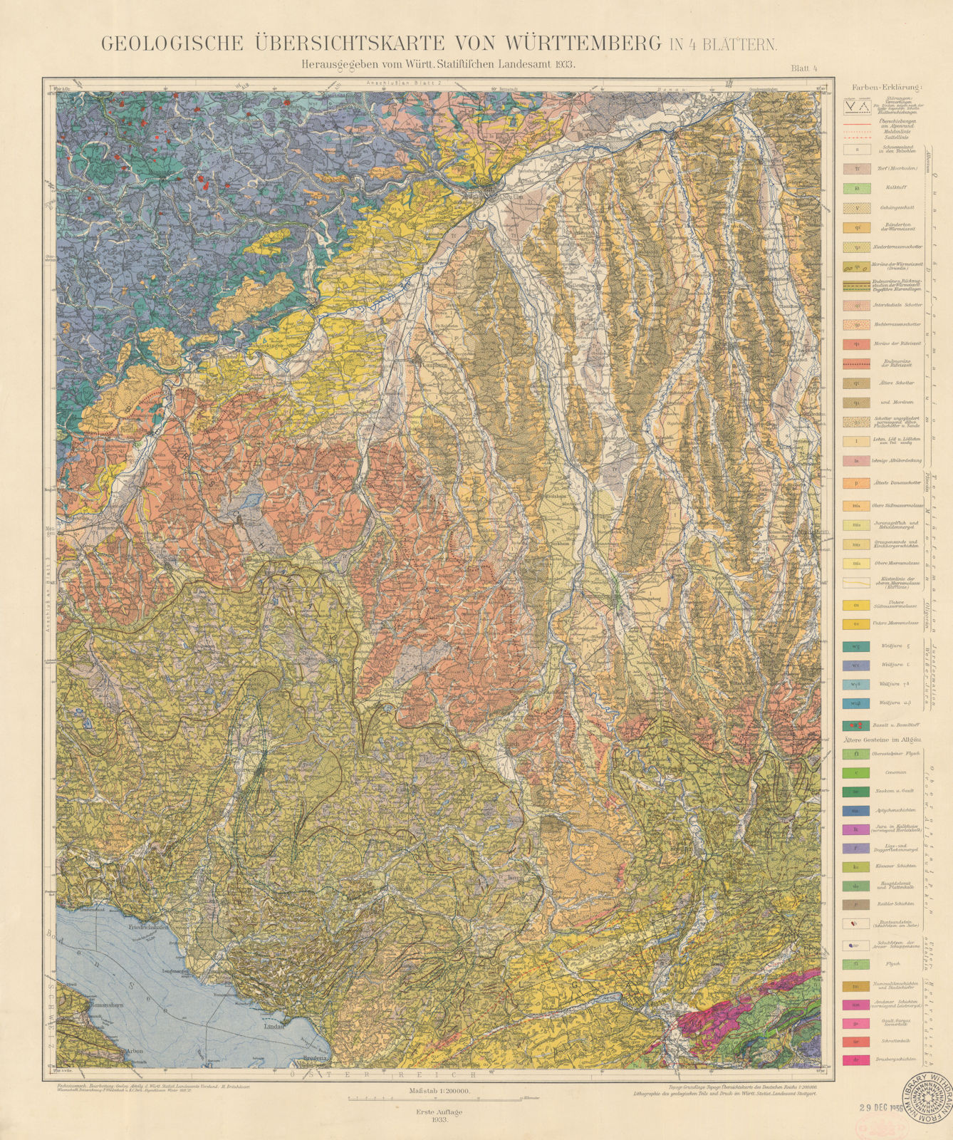 Geologische Übersichtskarte von Württemberg #4 Bodensee Schwäbische Alb 1933 map