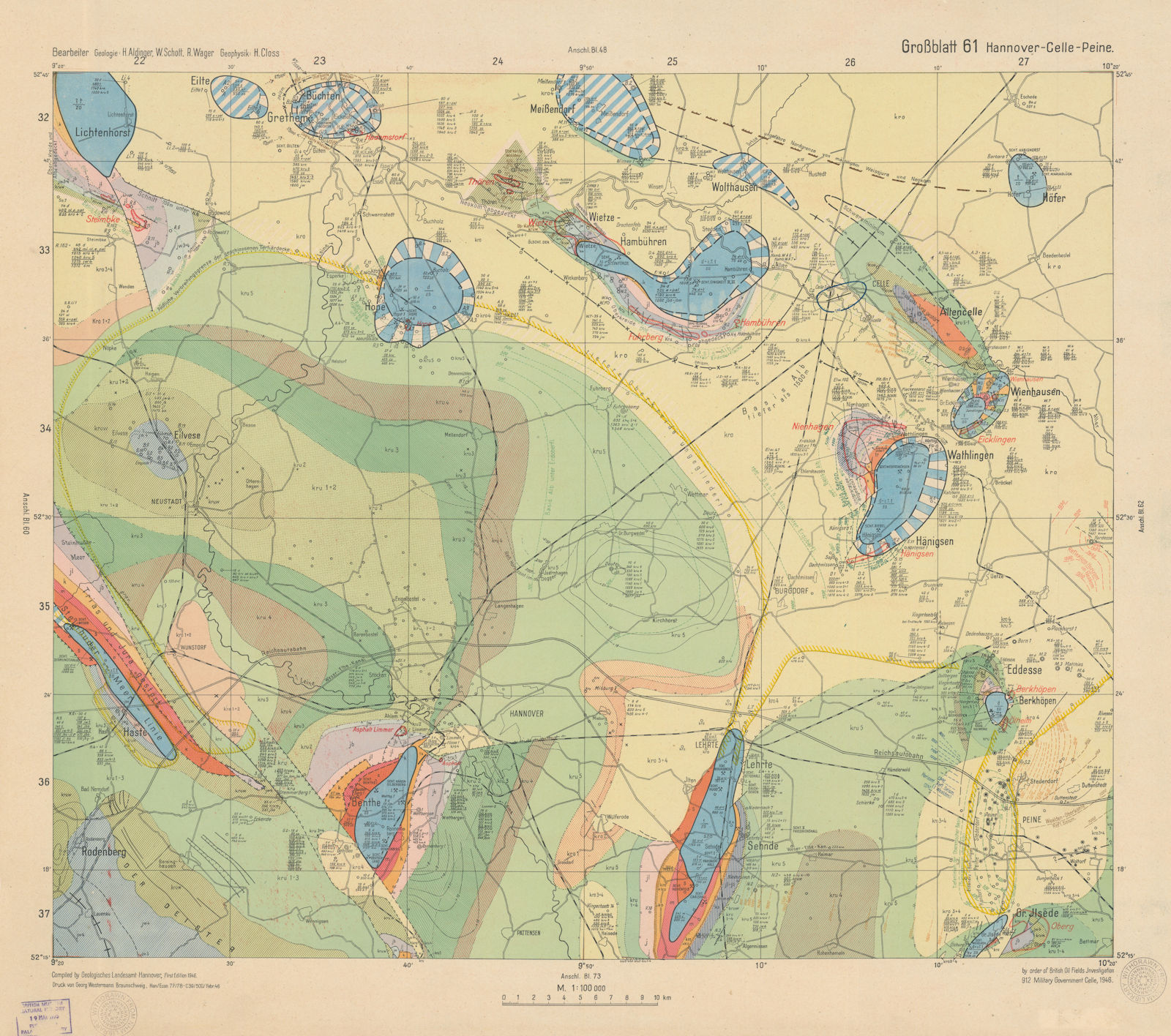 Hannover Celle Peine #61. British Oil Fields investigation. Geology 1946 map