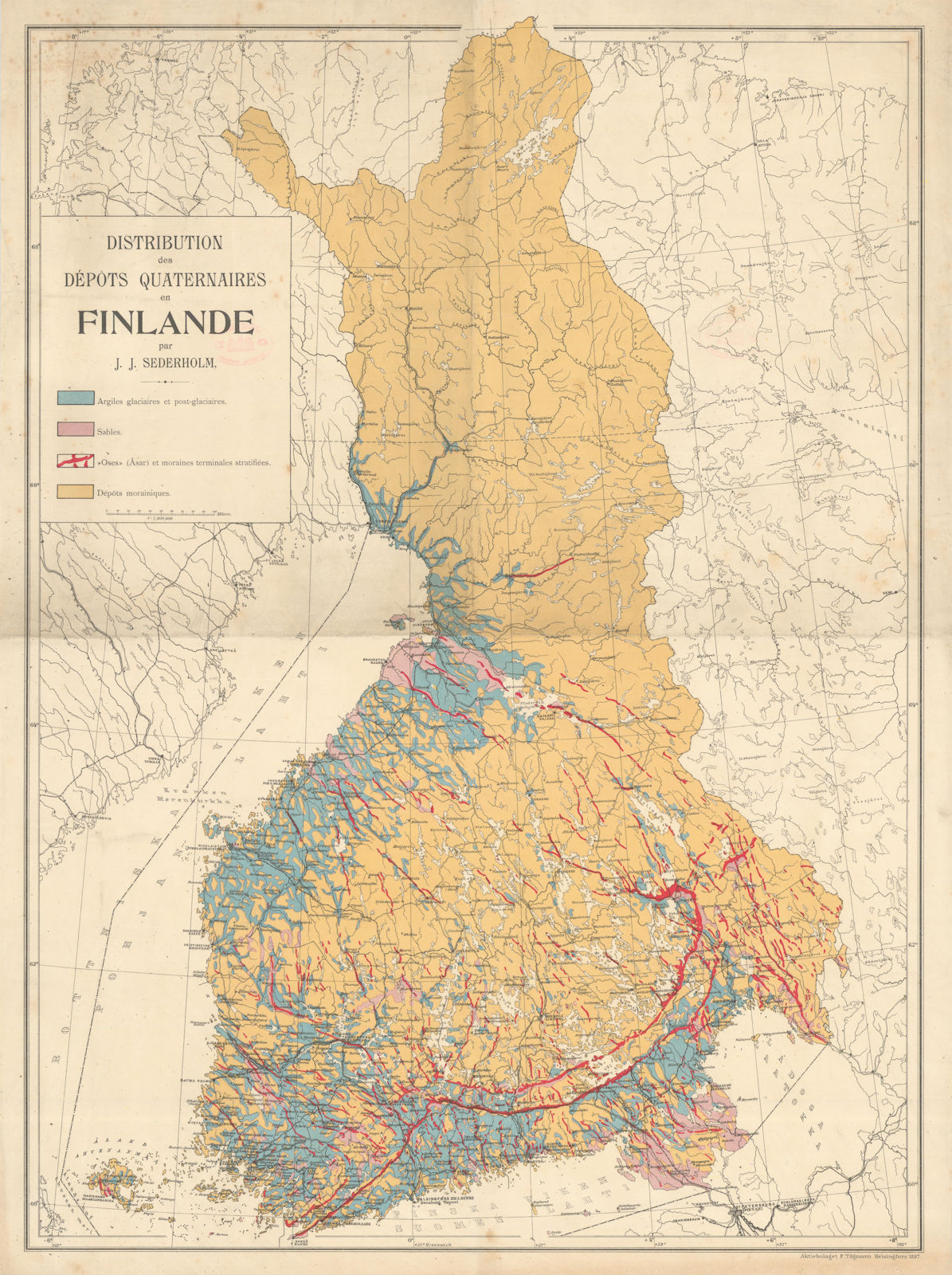 Distribution des dépôts Quaternaires en Finlande. Geological map. Sederholm 1897