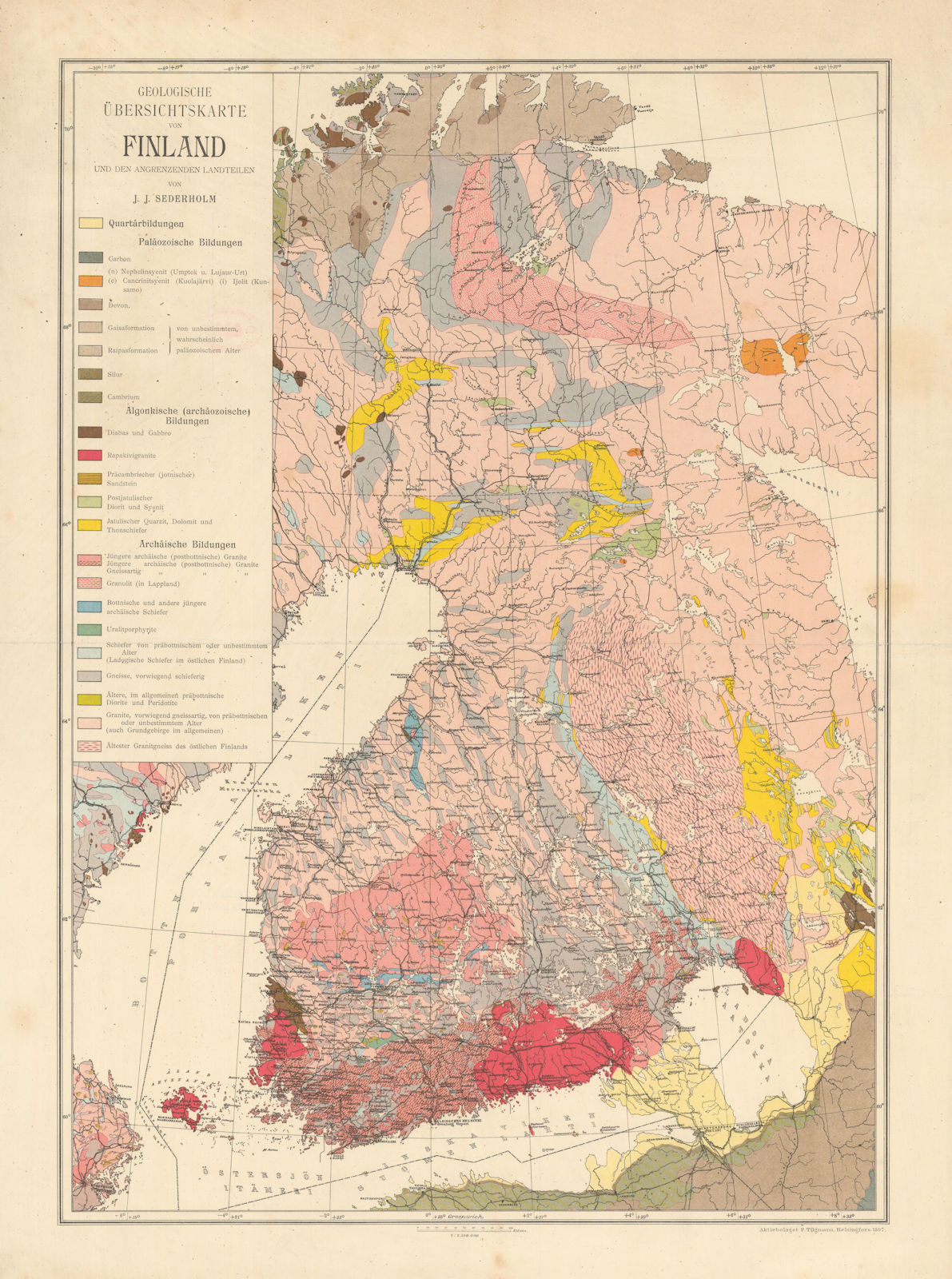 Geologische Übersichtskarte von Finland. Geological Map by J.J. Sederholm 1897