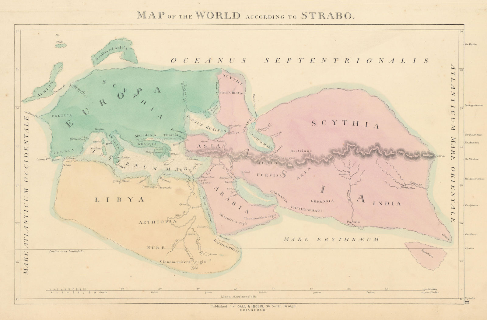 Associate Product Map of the World according to Strabo. Europe, North Africa & Asia 1850 old