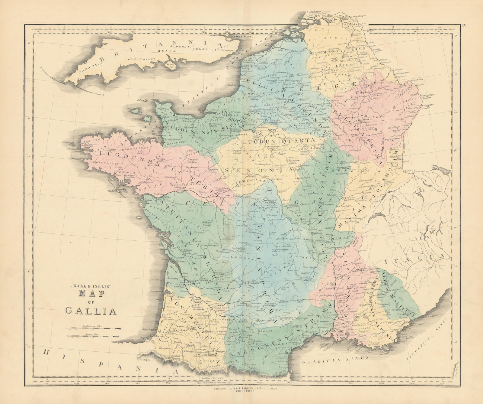 Associate Product Gall & Inglis' Map of Gallia. Ancient France / Gaul. Roman Provinces 1850