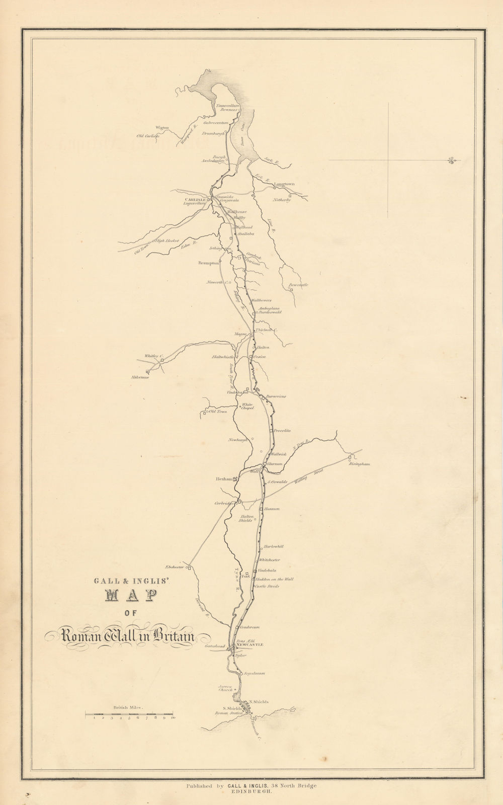 Associate Product Gall & Inglis' Map of Roman Wall in Britain. Hadrian's Wall 1850 old