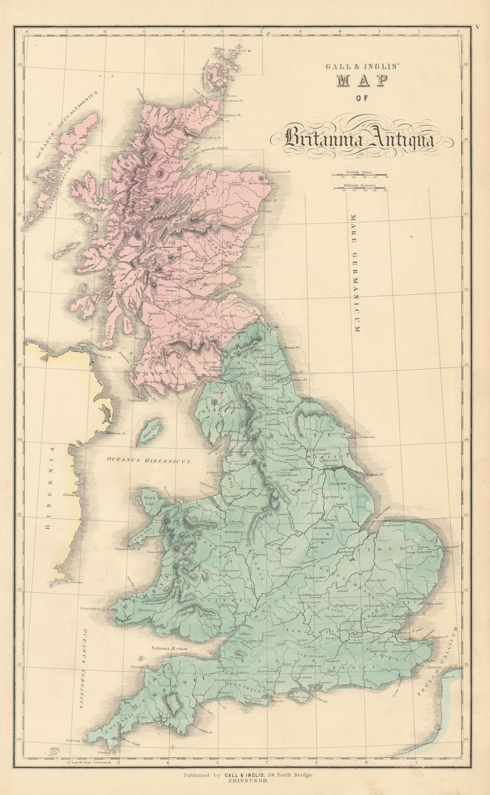 Associate Product Gall & Inglis' Map of Britannia Antiqua. Ancient Britain. Roman/Latin names 1850