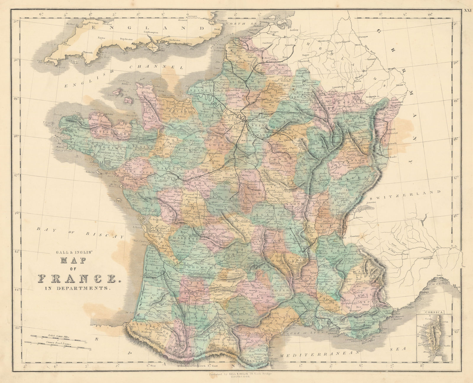 Associate Product Gall & Inglis' Map of France in Departments. Railways 1850 old antique