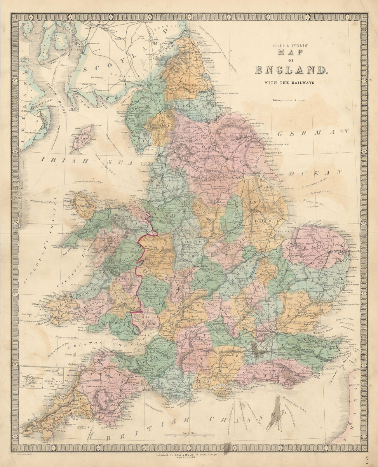 Gall & Inglis' Map of England with the Railways. Counties 1850 old antique